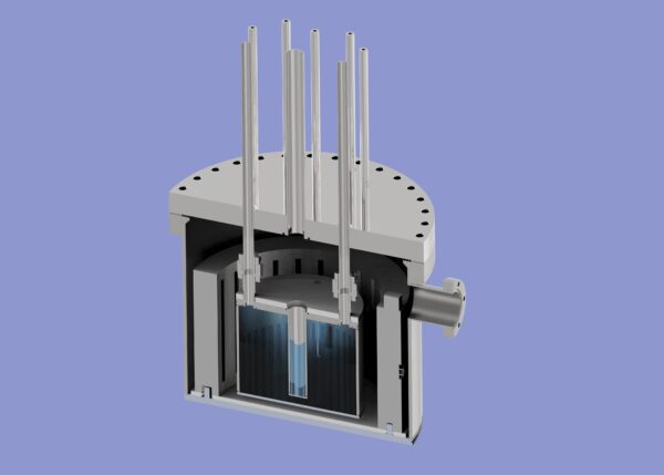 Cross-sectional rendering of the molten salt crucible used in the BABY experiment, showing internal components including the suspended salt container and heating assembly within a cylindrical, vacuum-sealed chamber.